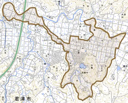 中島とその周辺の地図。町の範囲を重ねている