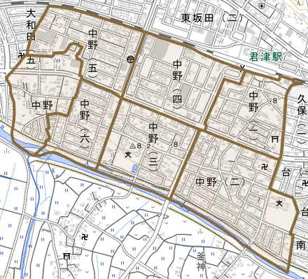 中野とその周辺の地図。町の範囲を重ねている