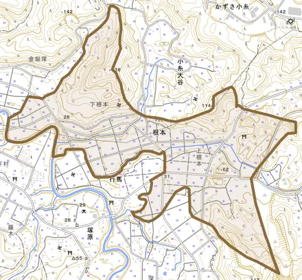 根本とその周辺の地図。町の範囲を重ねている
