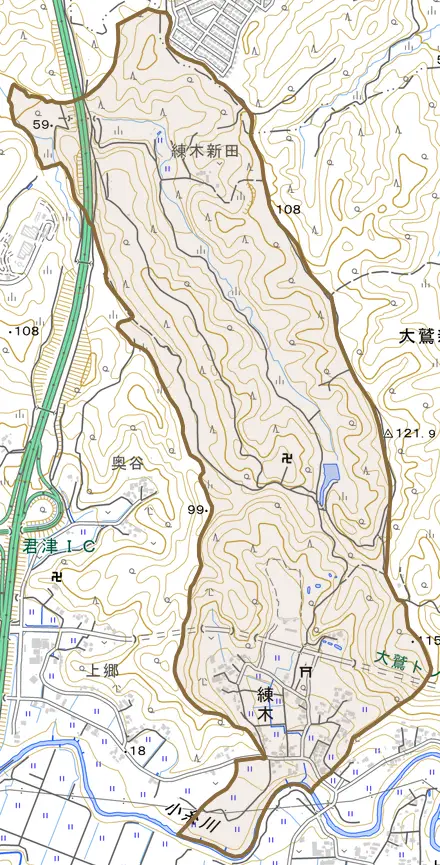 練木とその周辺の地図。町の範囲を重ねている