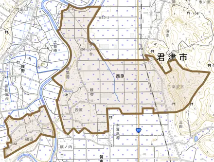 西原とその周辺の地図。町の範囲を重ねている