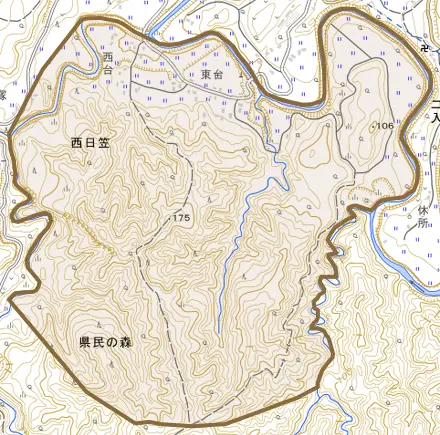 西日笠とその周辺の地図。町の範囲を重ねている