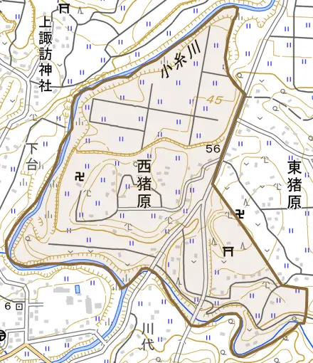 西猪原とその周辺の地図。町の範囲を重ねている