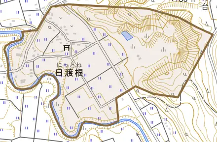 日渡根とその周辺の地図。町の範囲を重ねている