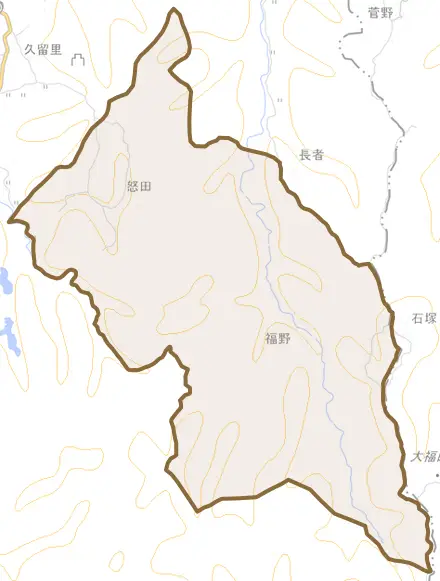 怒田とその周辺の地図。町の範囲を重ねている