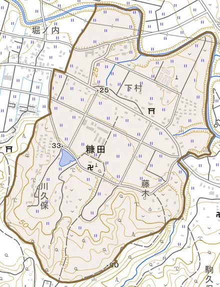 糠田とその周辺の地図。町の範囲を重ねている