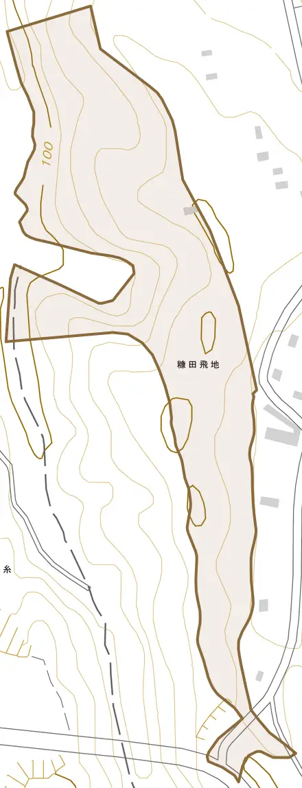 糠田飛地とその周辺の地図。町の範囲を重ねている