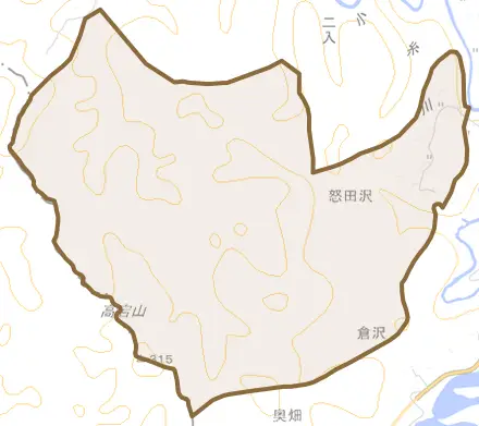 怒田沢とその周辺の地図。町の範囲を重ねている