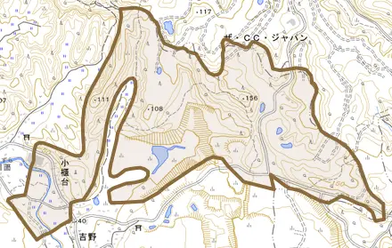 小櫃台とその周辺の地図。町の範囲を重ねている