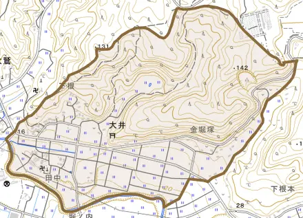 大井とその周辺の地図。町の範囲を重ねている