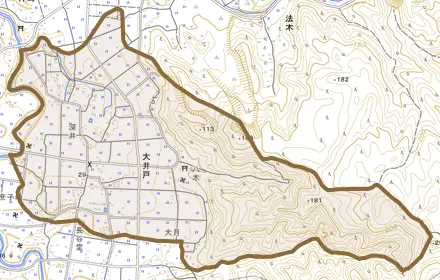 大井戸とその周辺の地図。町の範囲を重ねている