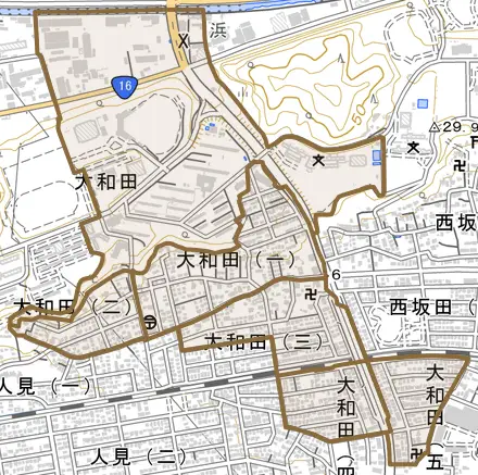 大和田とその周辺の地図。町の範囲を重ねている