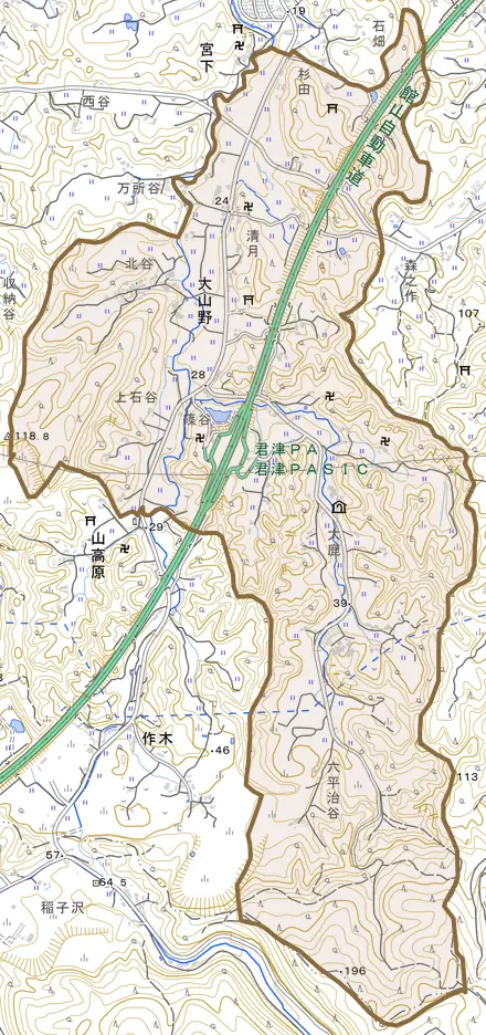 大山野とその周辺の地図。町の範囲を重ねている