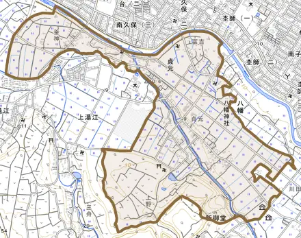 貞元とその周辺の地図。町の範囲を重ねている