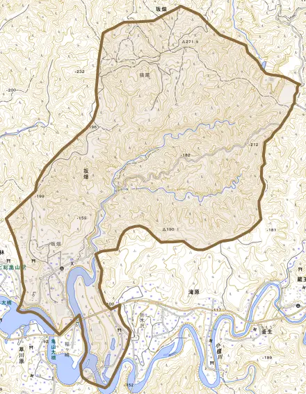 坂畑とその周辺の地図。町の範囲を重ねている