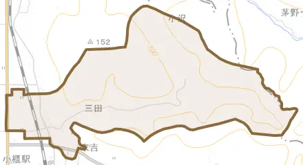 三田とその周辺の地図。町の範囲を重ねている
