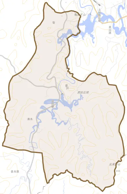 笹とその周辺の地図。町の範囲を重ねている