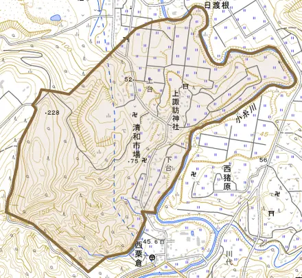 清和市場とその周辺の地図。町の範囲を重ねている