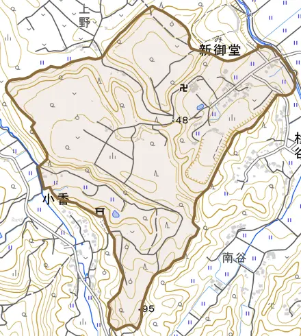 新御堂とその周辺の地図。町の範囲を重ねている