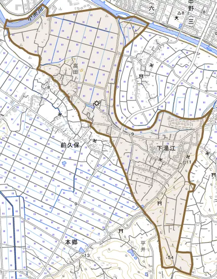 下湯江とその周辺の地図。町の範囲を重ねている