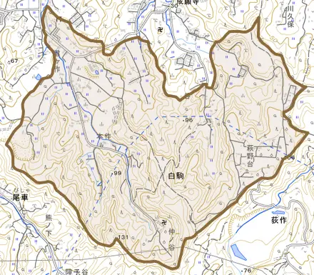白駒とその周辺の地図。町の範囲を重ねている