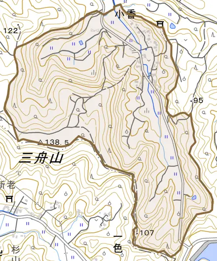 小香とその周辺の地図。町の範囲を重ねている