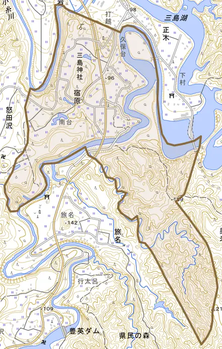 宿原とその周辺の地図。町の範囲を重ねている