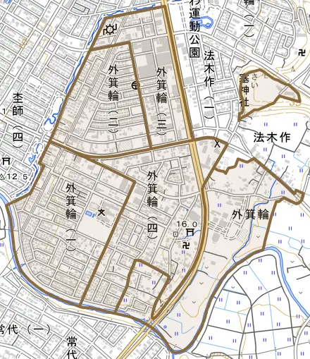 外箕輪とその周辺の地図。町の範囲を重ねている