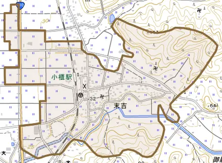 末吉とその周辺の地図。町の範囲を重ねている