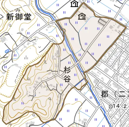 杉谷とその周辺の地図。町の範囲を重ねている