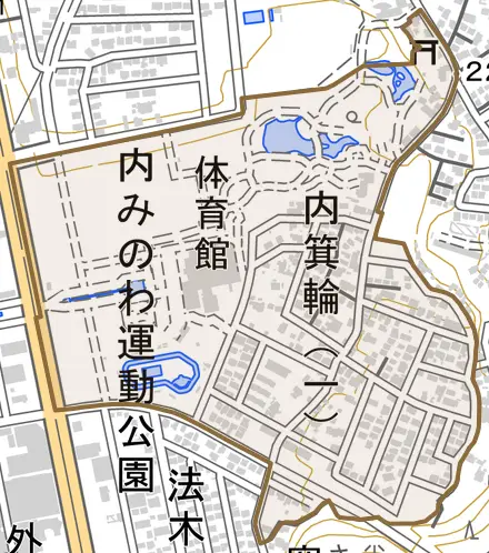 内箕輪とその周辺の地図。町の範囲を重ねている