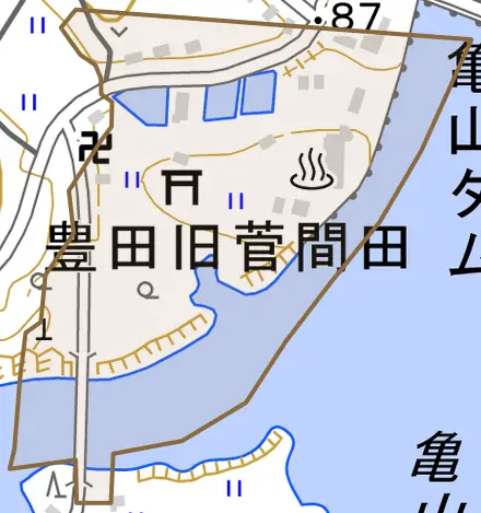 豊田旧菅間田とその周辺の地図。町の範囲を重ねている