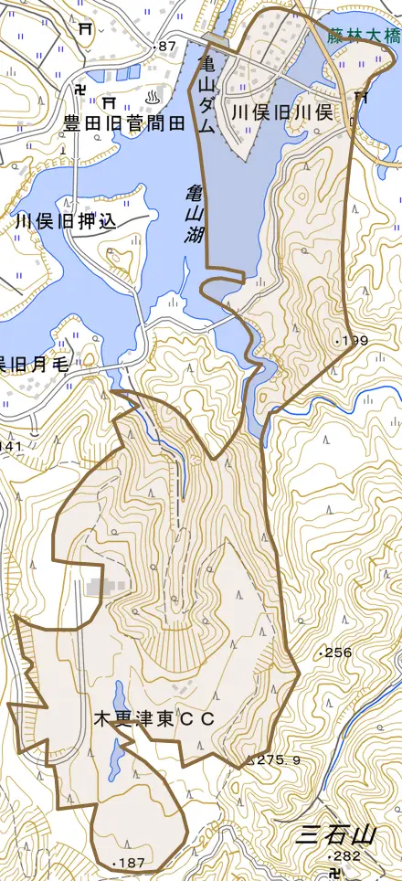川俣旧川俣とその周辺の地図。町の範囲を重ねている