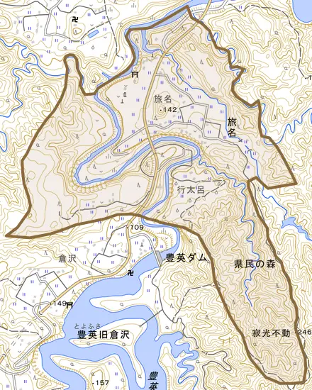 旅名とその周辺の地図。町の範囲を重ねている