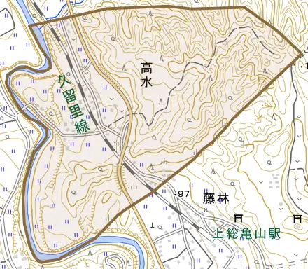 高水とその周辺の地図。町の範囲を重ねている