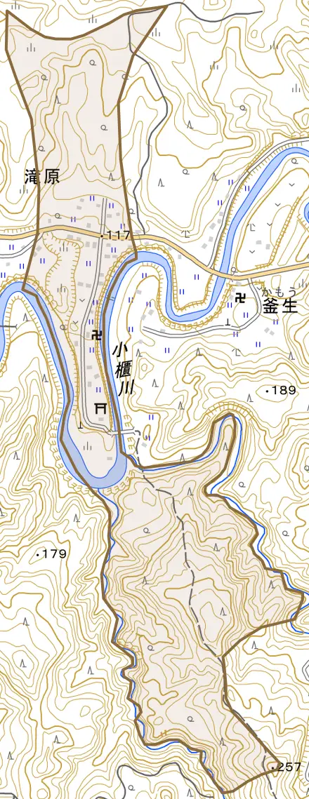 滝原とその周辺の地図。町の範囲を重ねている