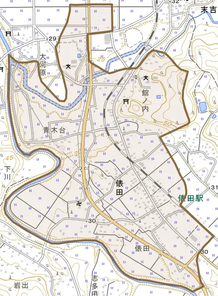 俵田とその周辺の地図。町の範囲を重ねている