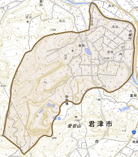 寺沢とその周辺の地図。町の範囲を重ねている