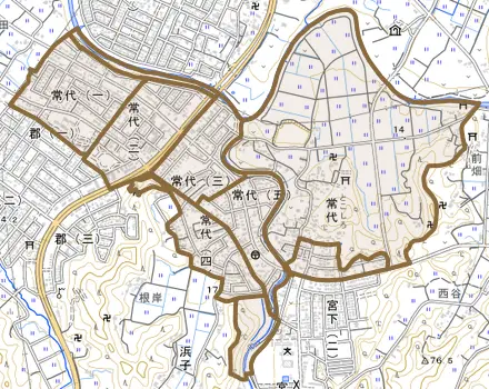 常代とその周辺の地図。町の範囲を重ねている