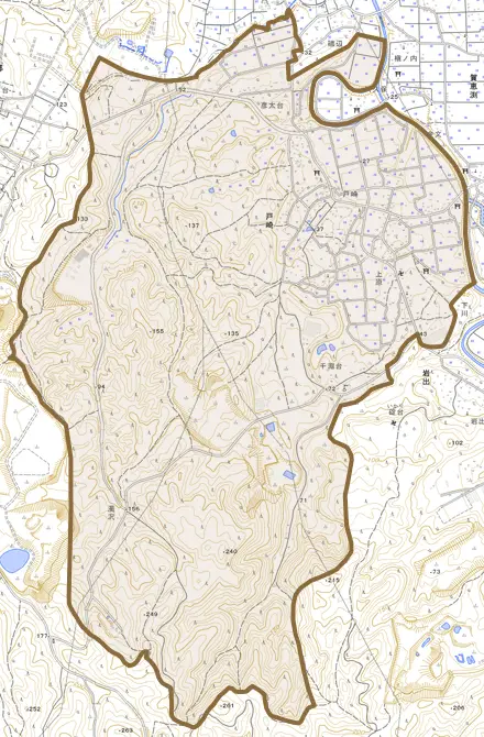 戸崎とその周辺の地図。町の範囲を重ねている