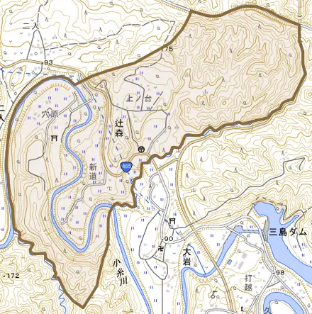 辻森とその周辺の地図。町の範囲を重ねている