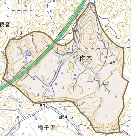 作木とその周辺の地図。町の範囲を重ねている