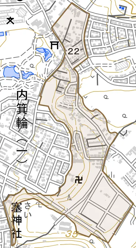 内蓑輪とその周辺の地図。町の範囲を重ねている