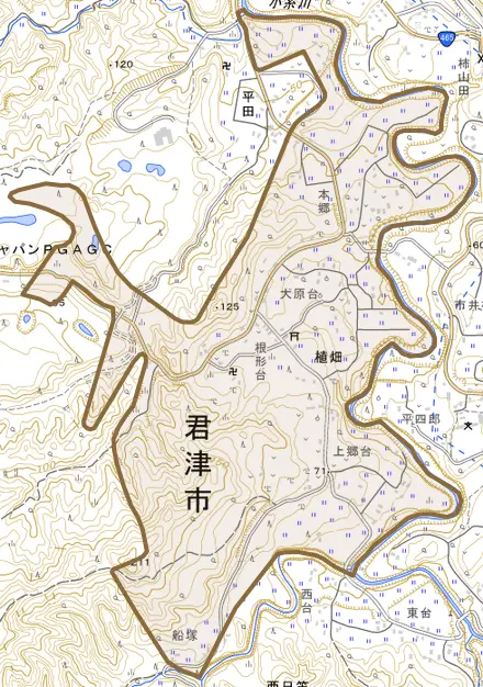 植畑とその周辺の地図。町の範囲を重ねている