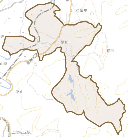 浦田とその周辺の地図。町の範囲を重ねている