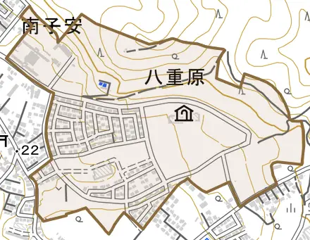 八重原とその周辺の地図。町の範囲を重ねている
