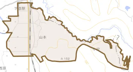 山本とその周辺の地図。町の範囲を重ねている