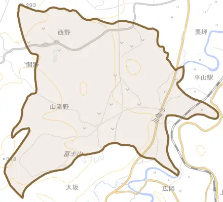 山滝野とその周辺の地図。町の範囲を重ねている