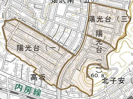 陽光台とその周辺の地図。町の範囲を重ねている
