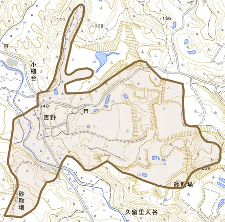 吉野とその周辺の地図。町の範囲を重ねている
